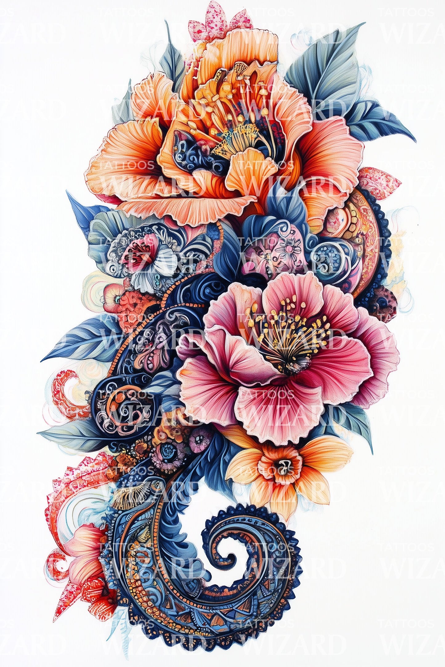 花卉海马花园纹身设计