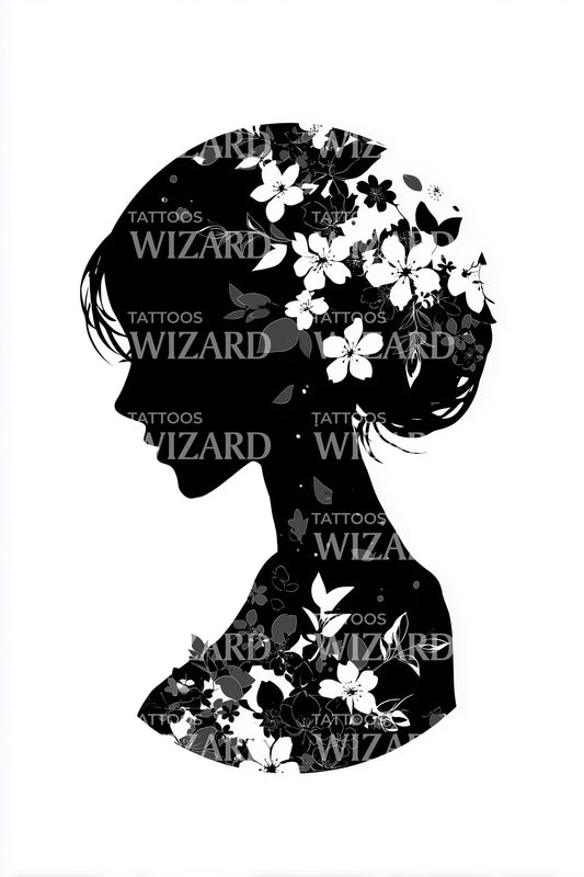 꽃 실루엣 초상화 타투 디자인