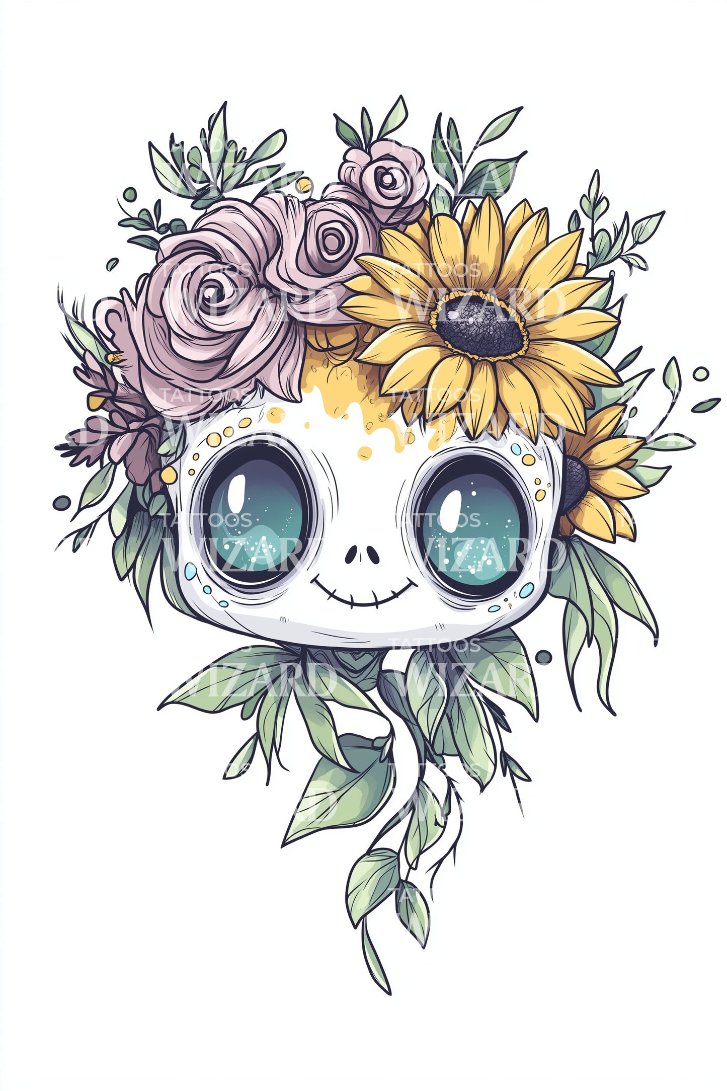 Diseño de tatuaje de calavera con ojos de flor