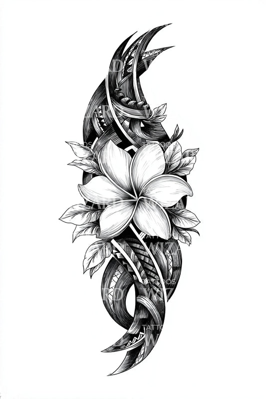 Design del tatuaggio con foglia di plumeria fluente