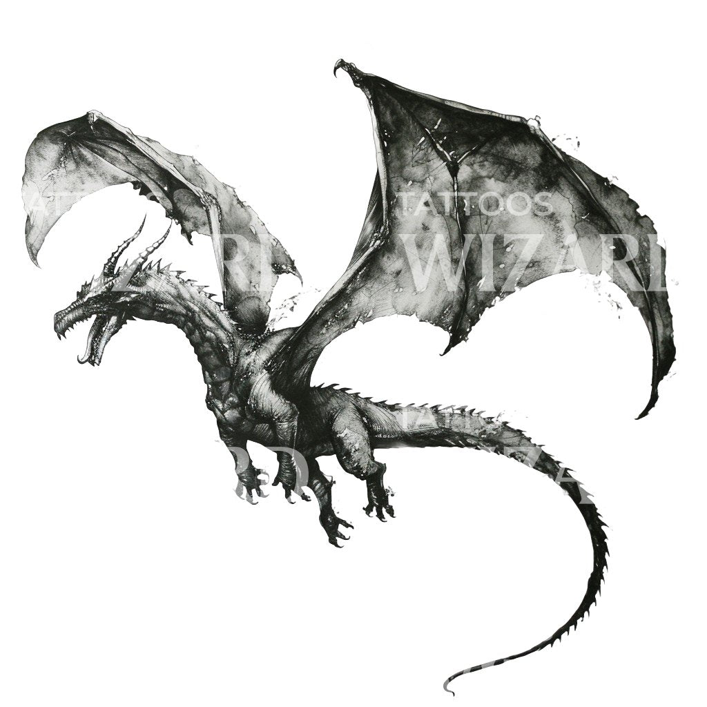 Flying Dragon Black and Grey Ink Tattoo Design
