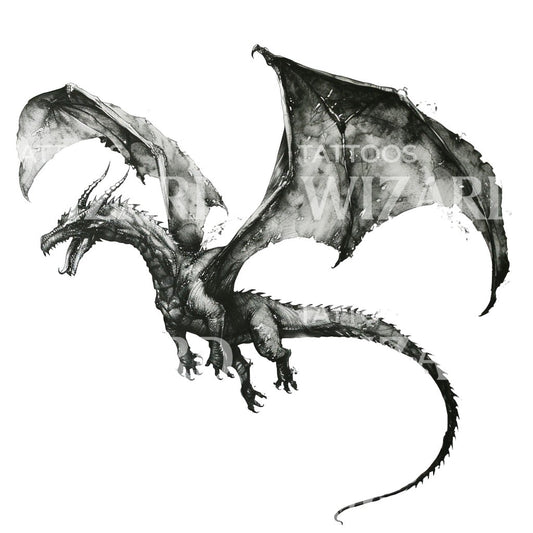 Flying Dragon Black and Grey Ink Tattoo Design