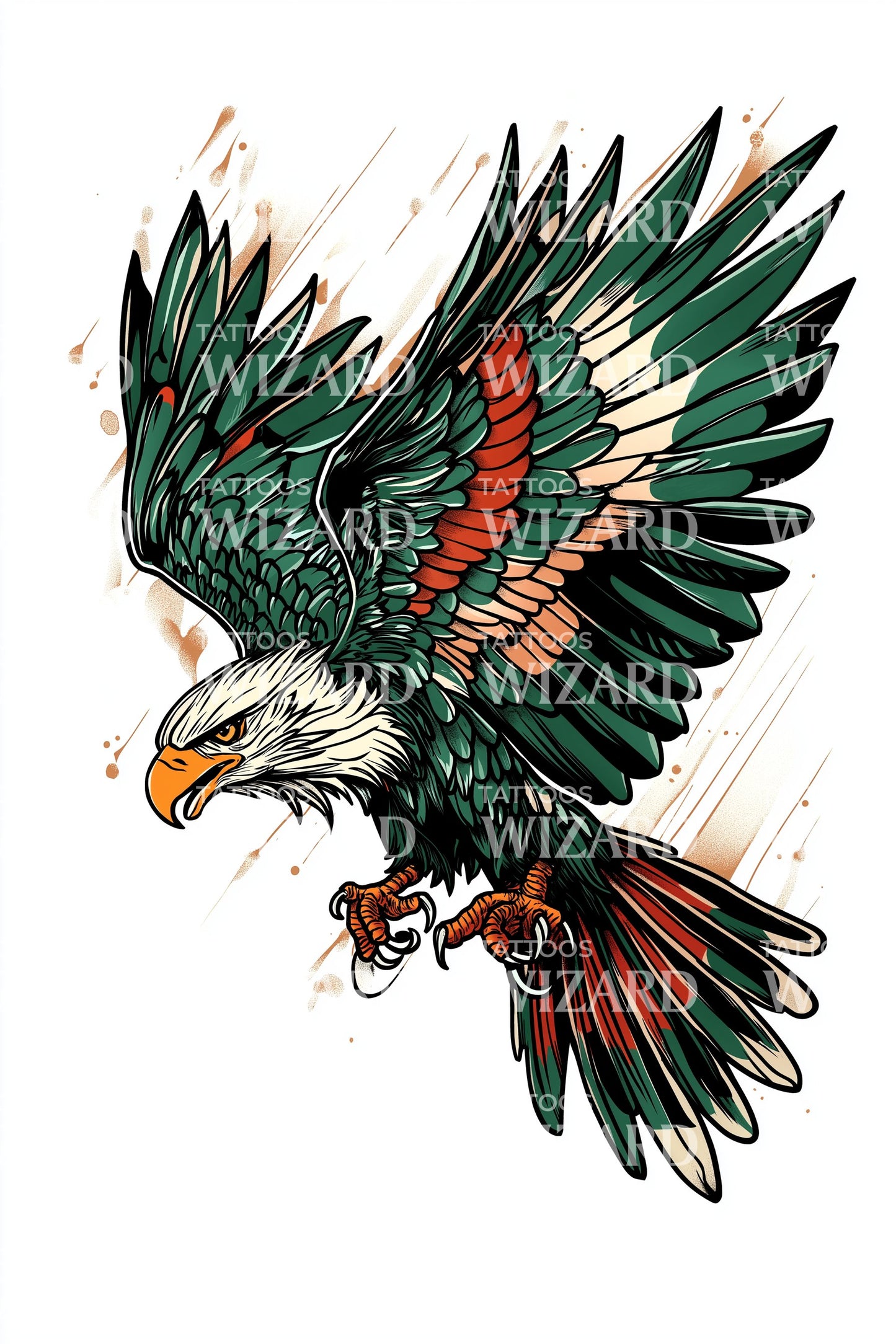 Diseño de tatuaje de pincel con bandera de águila voladora