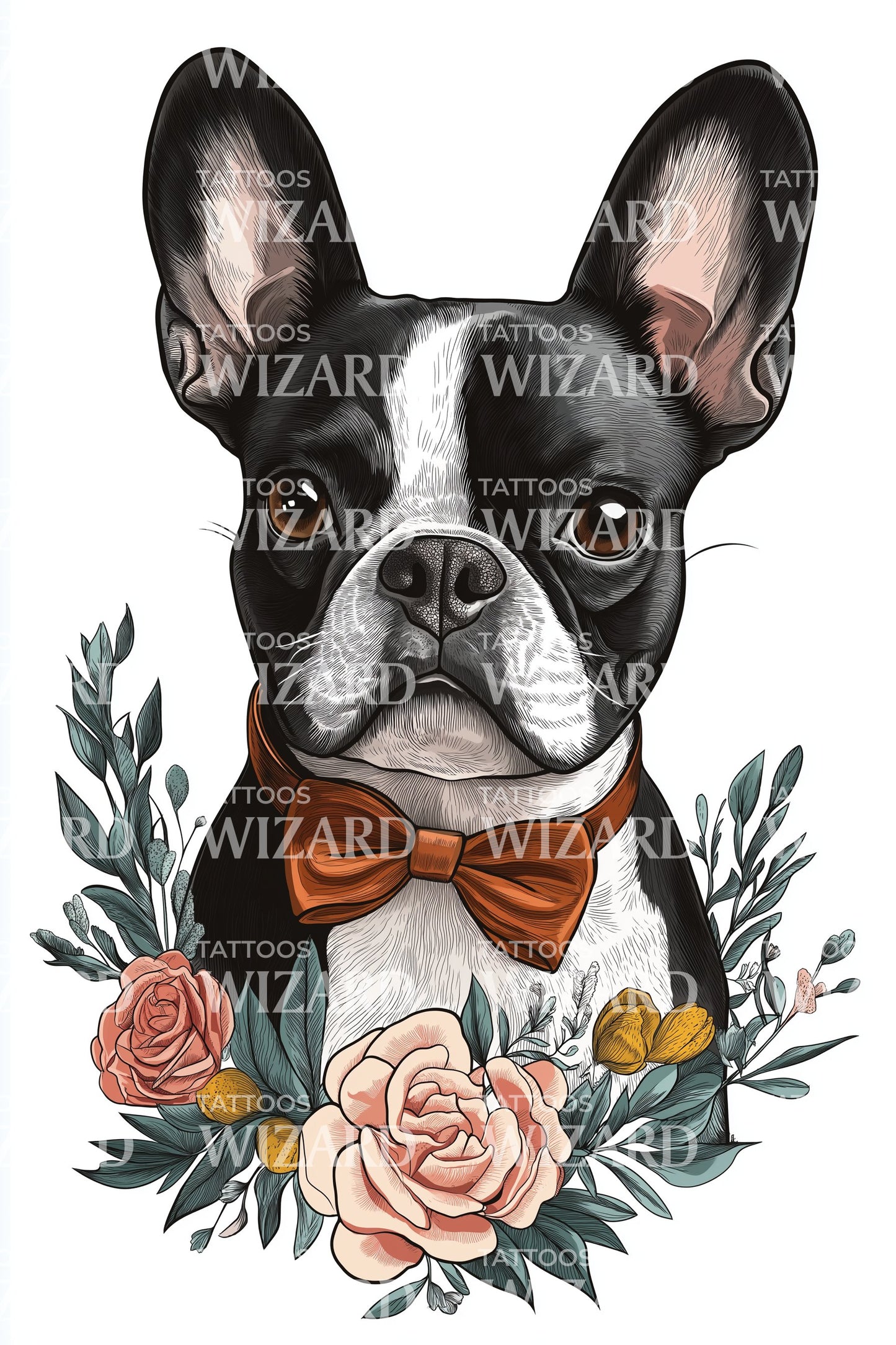 French Bulldog Floral Tattoo Design
