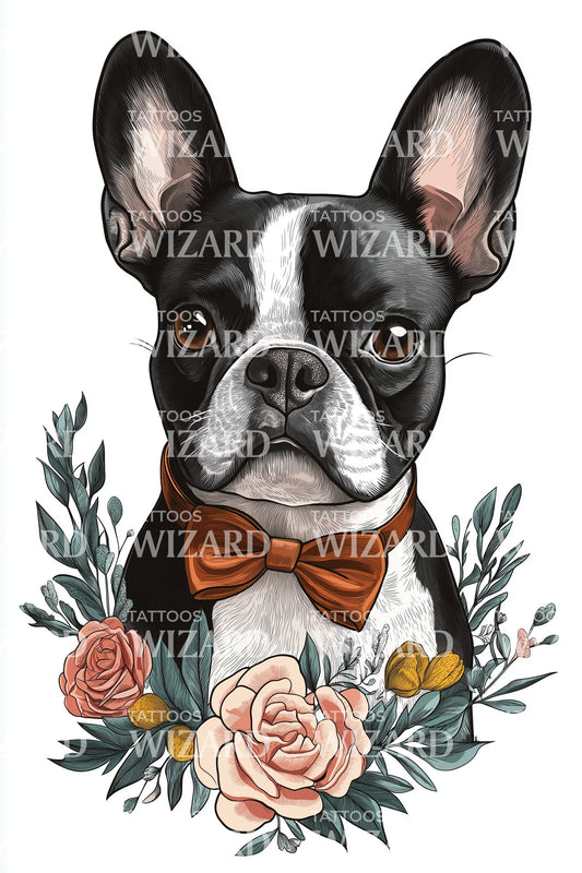 French Bulldog Floral Tattoo Design
