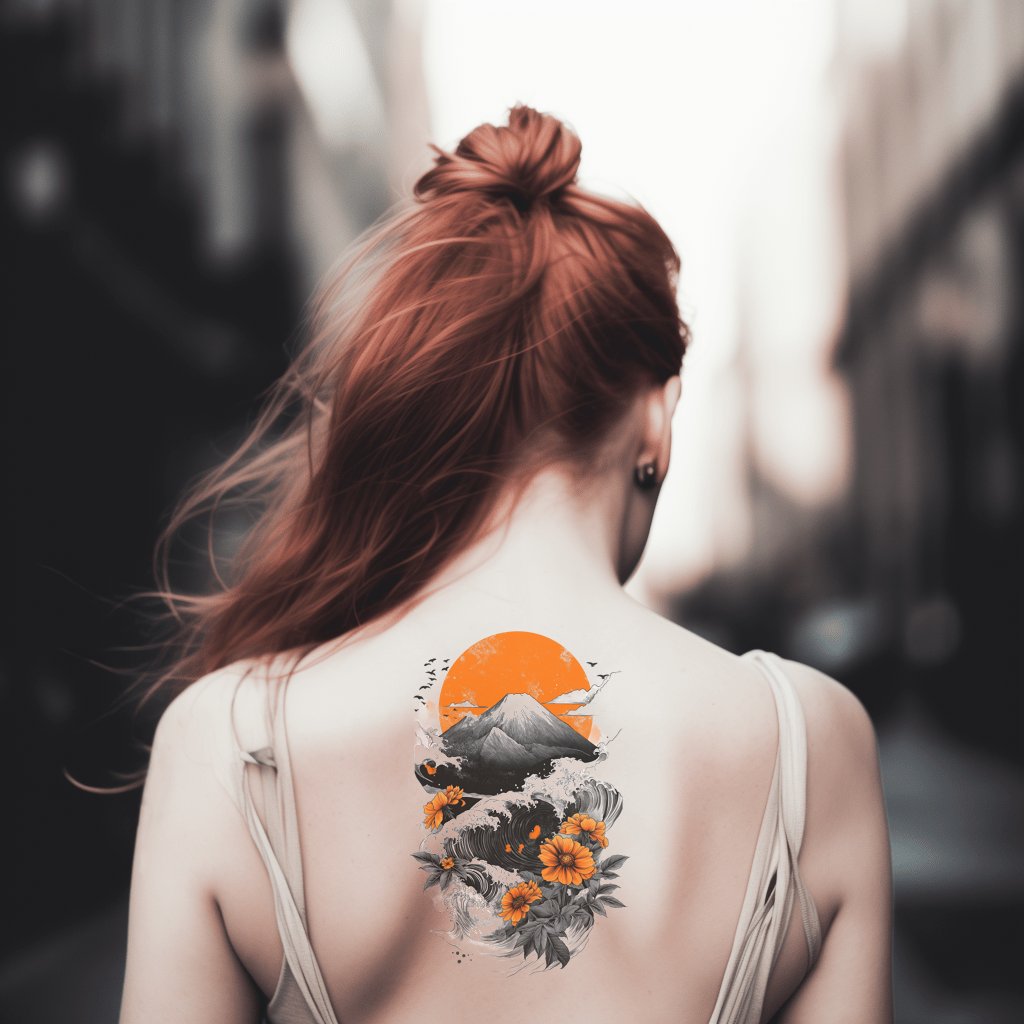 Fuji Wave Chrysanthemum Tattoo Design