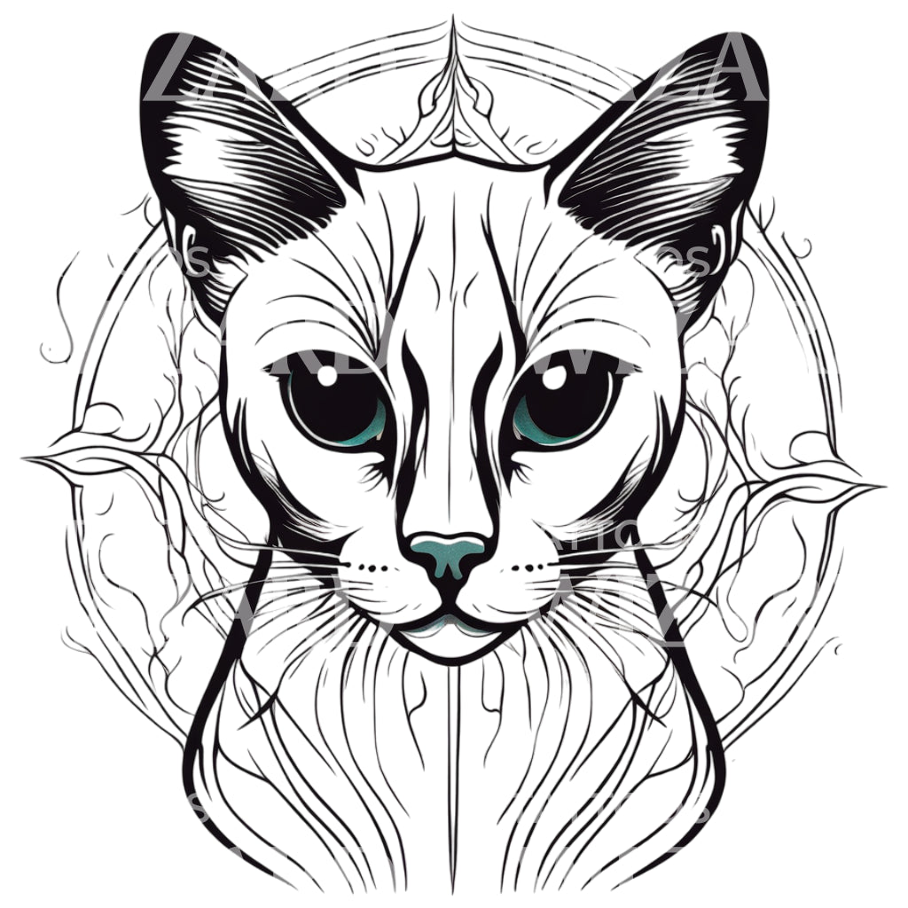 Siamese Cat Head with Patterns Circle Tattoo Design