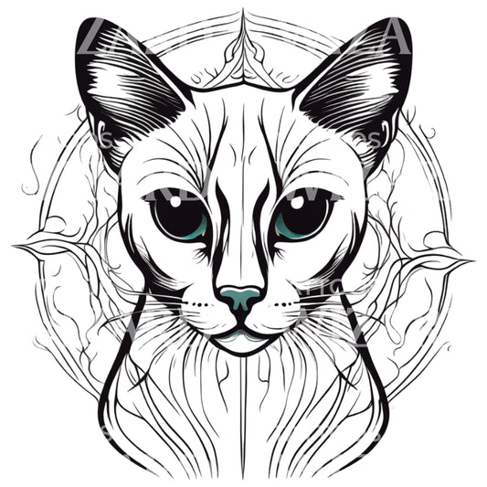 Siamese Cat Head with Patterns Circle Tattoo Design