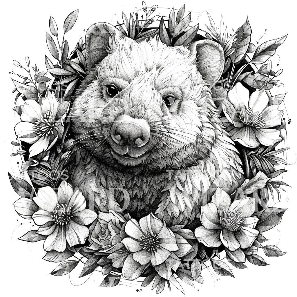 Smiling Wombat with Flowers Tattoo Design