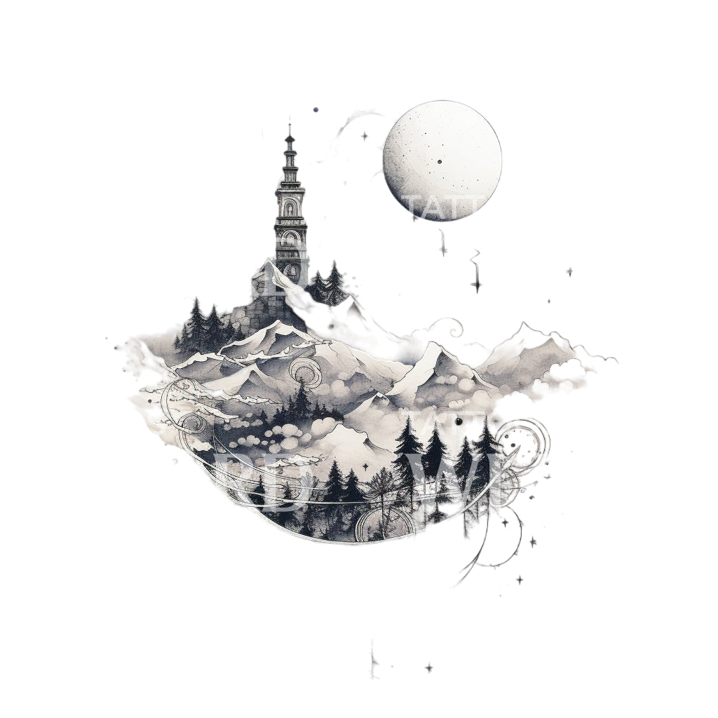 Dotwork Mountain Landscape Nature Tattoo Design