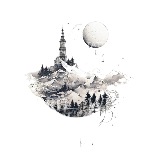 Dotwork Mountain Landscape Nature Tattoo Design