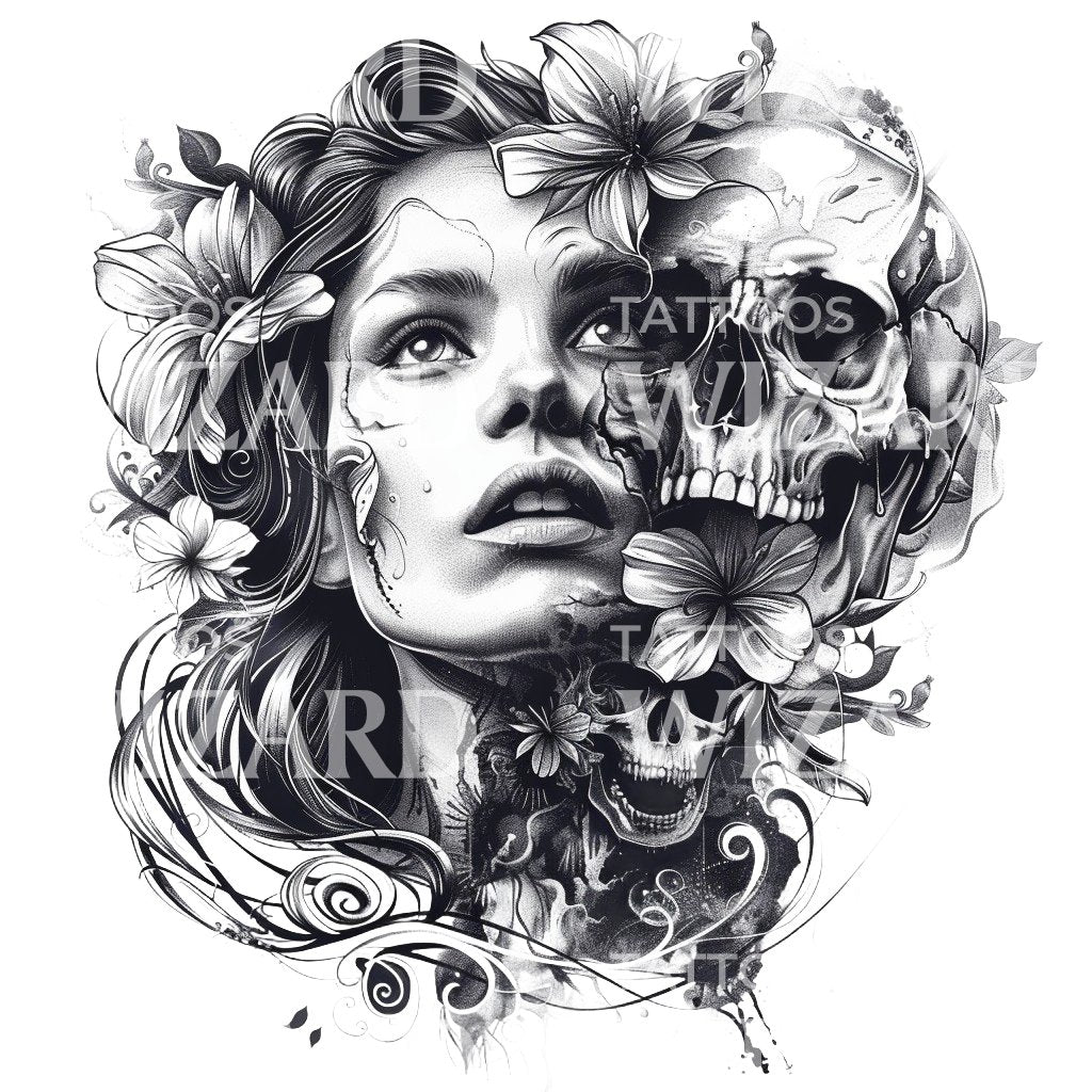 Stunning Woman and Skull Portrait Tattoo Design
