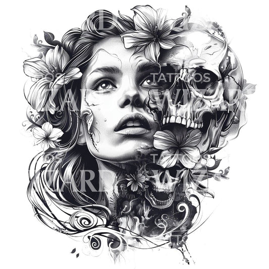 Stunning Woman and Skull Portrait Tattoo Design