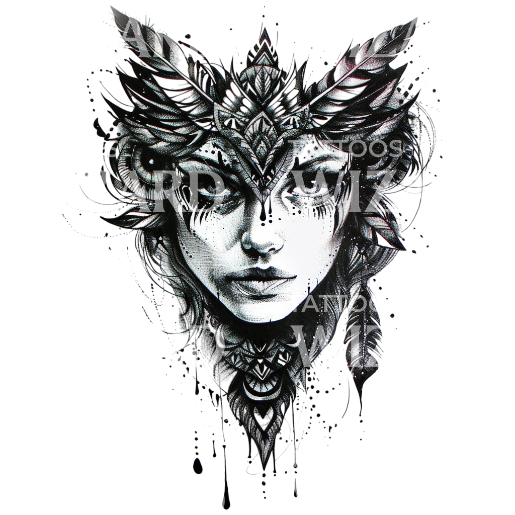 Owl Goddess Portrait Tattoo Design