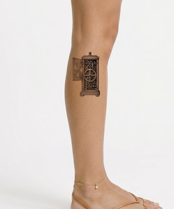 Tatueringsdesign med en uråldrig kugghjulsdator för himlen