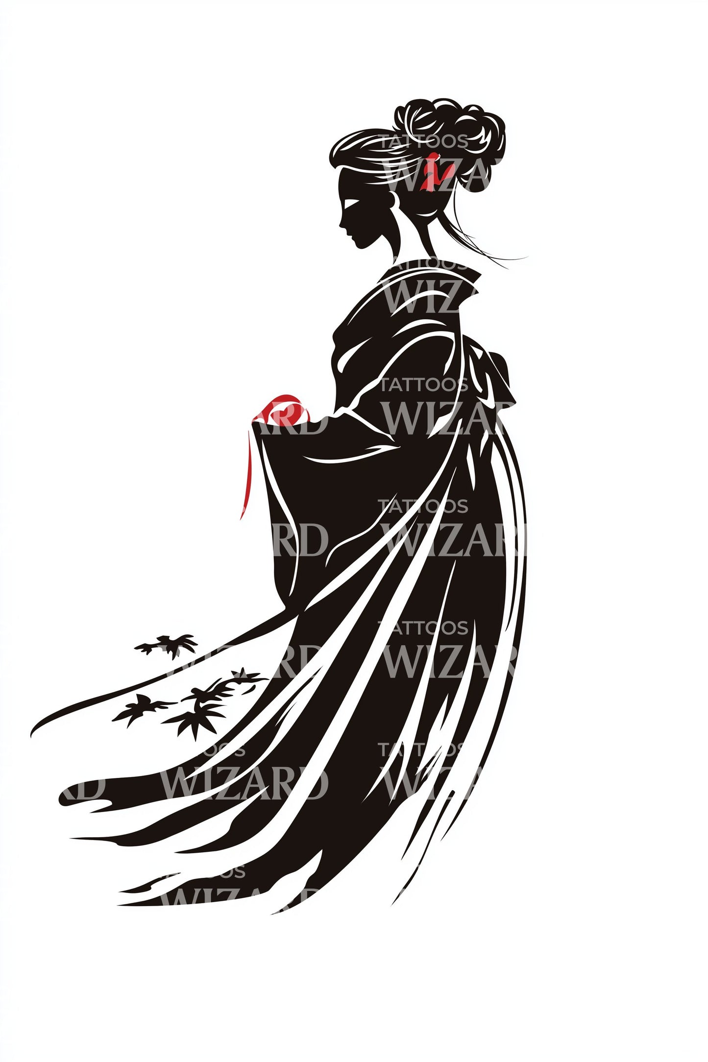 Geisha With Crimson Flower Tattoo Idea