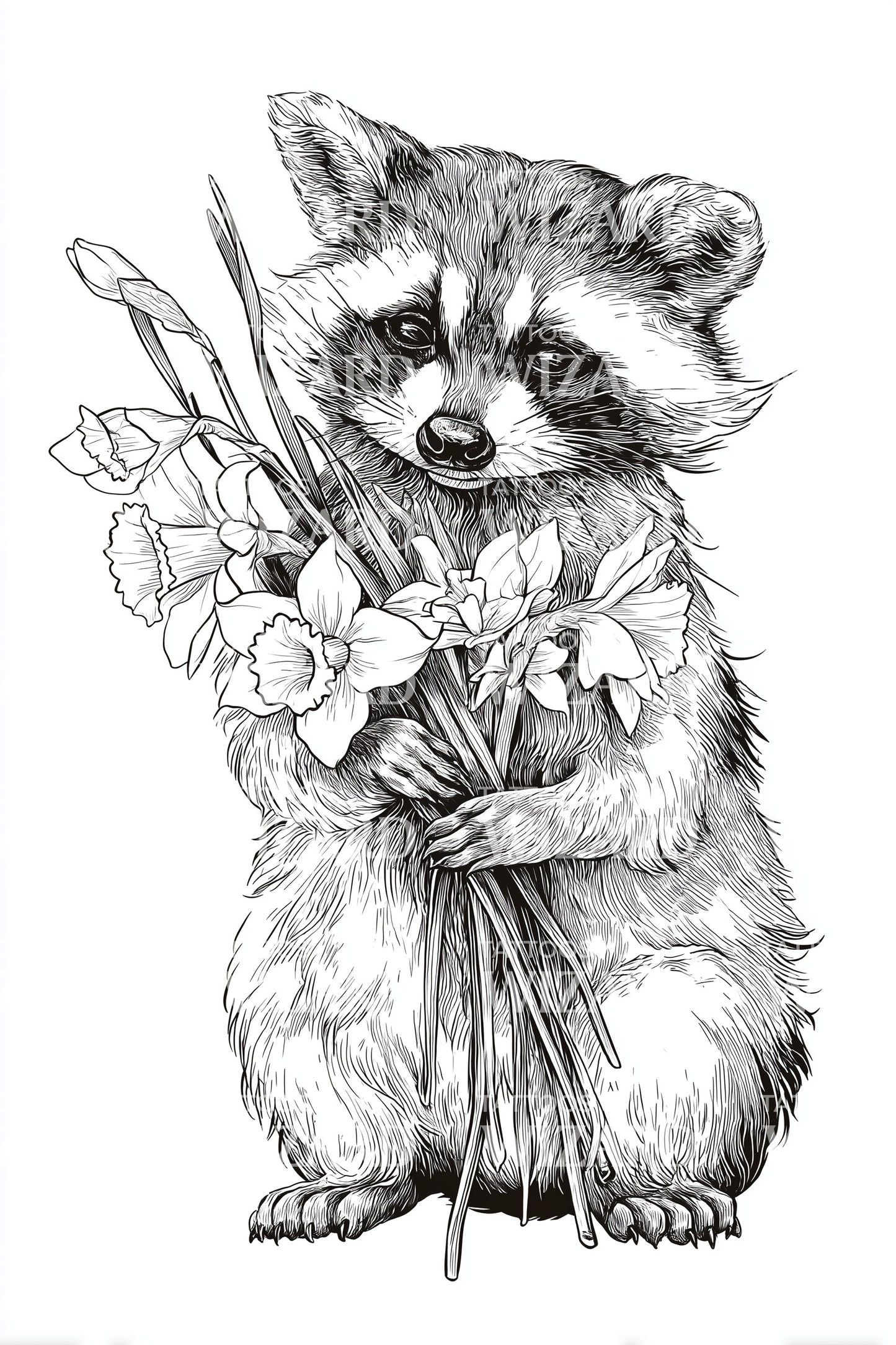 Gentle Raccoon Flowers Tattoo Illustration