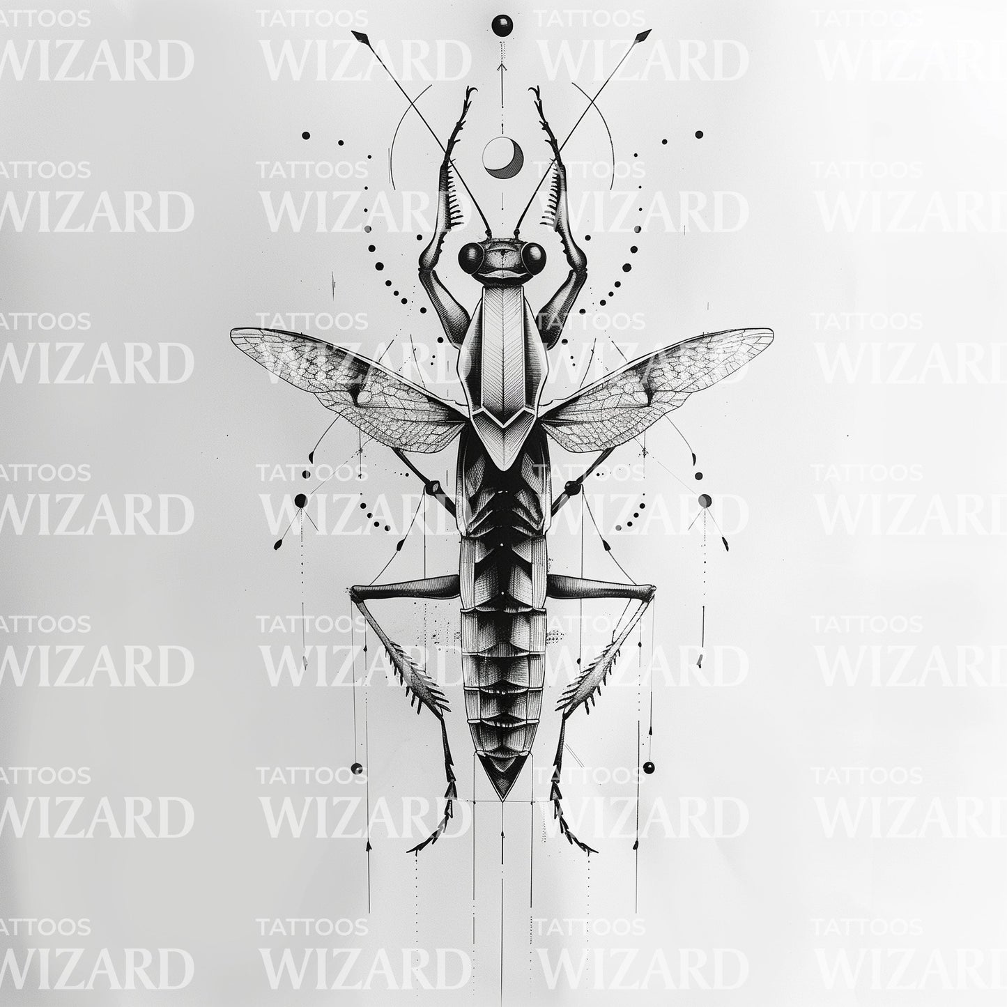 Geometric Praying Mantis Tattoo Design