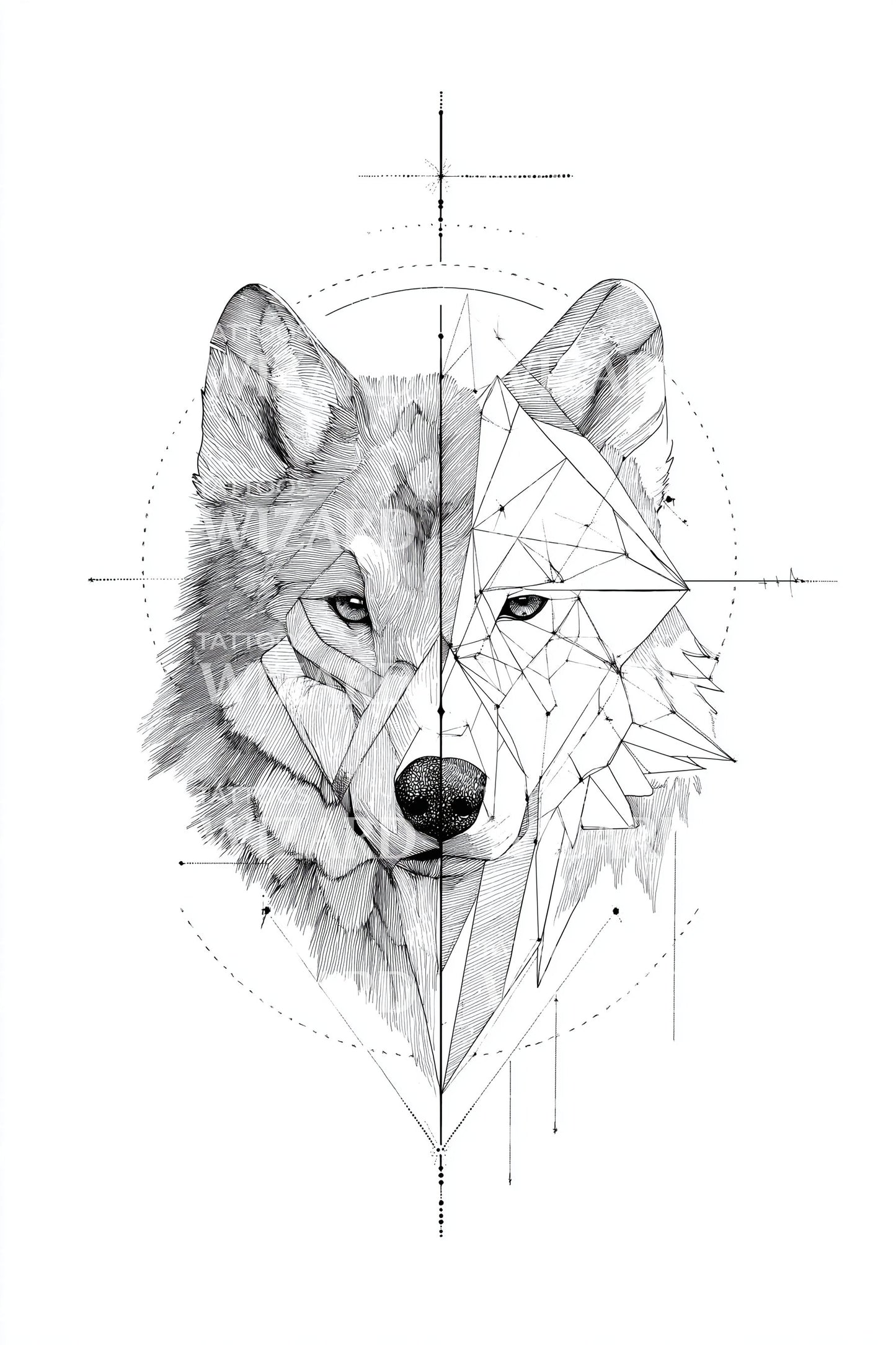 Design de tatouage portrait de loup géométrique