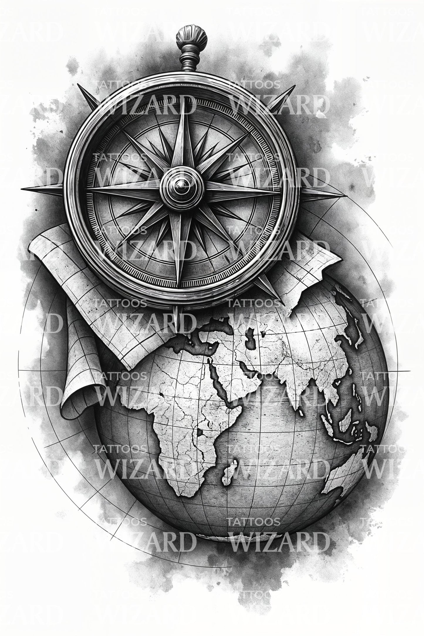 Desain Tato Perjalanan Kompas Globe
