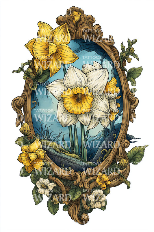 Illustrazione del tatuaggio della corona di narcisi dorati