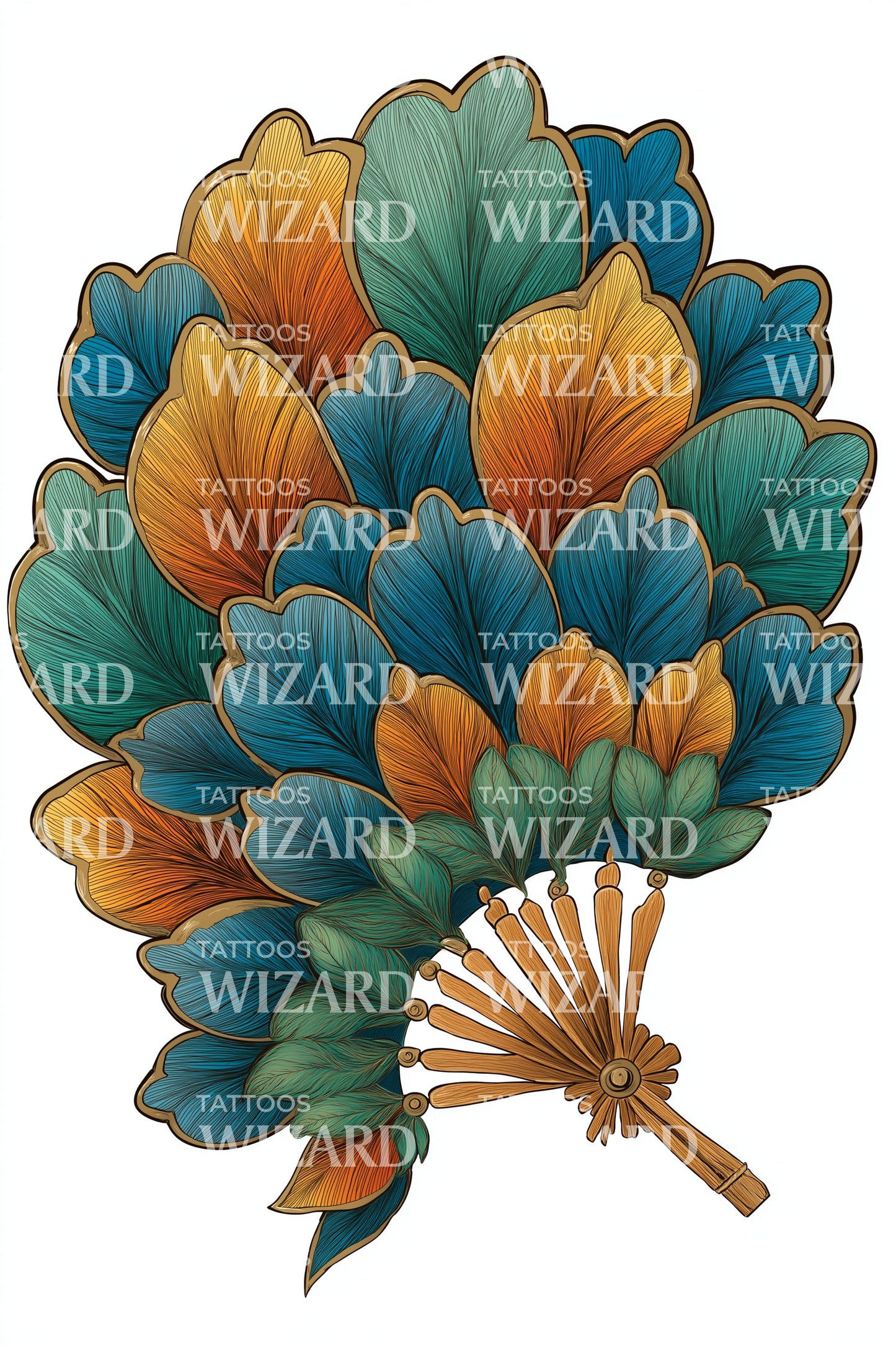 Golden Ginkgo Fan Tattoo Design