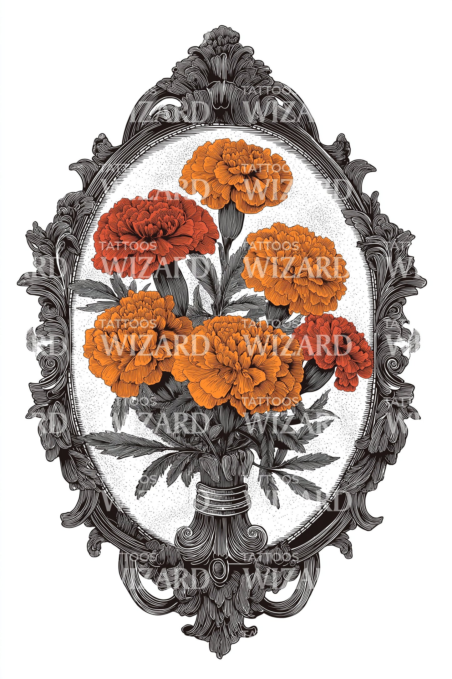 Gothic Oval Marigold Tattoo Design