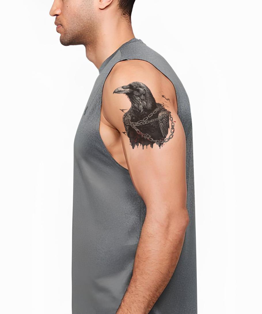Готический ворон, пойманный в цепи, иллюстрация татуировки