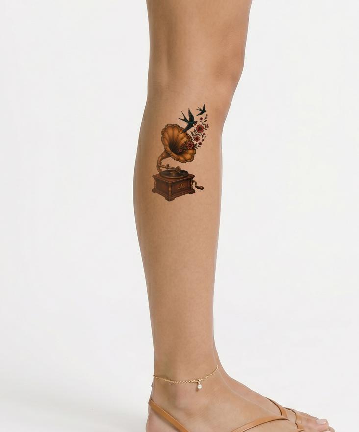 Vintage-Grammofon mit Schwalben, Tattoo-Idee