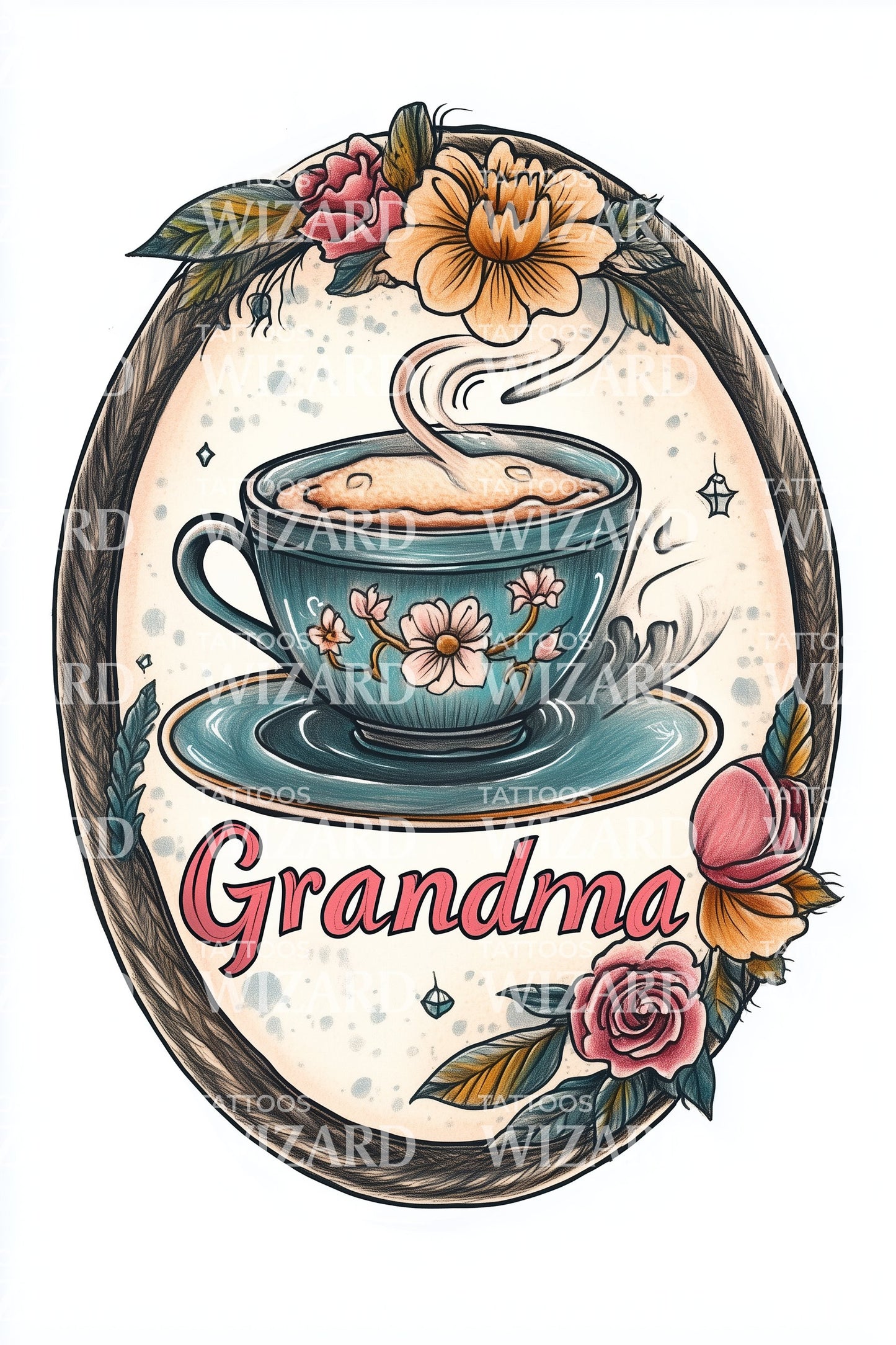 Grandma Rose Teacup Tattoo Illustration