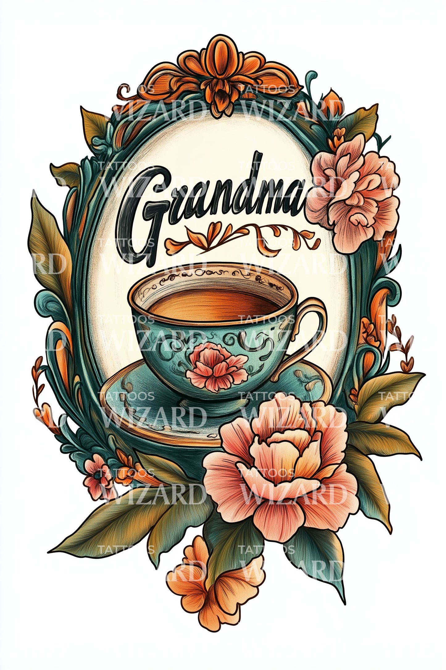 Grandma Teacup Cameo Tattoo Illustration