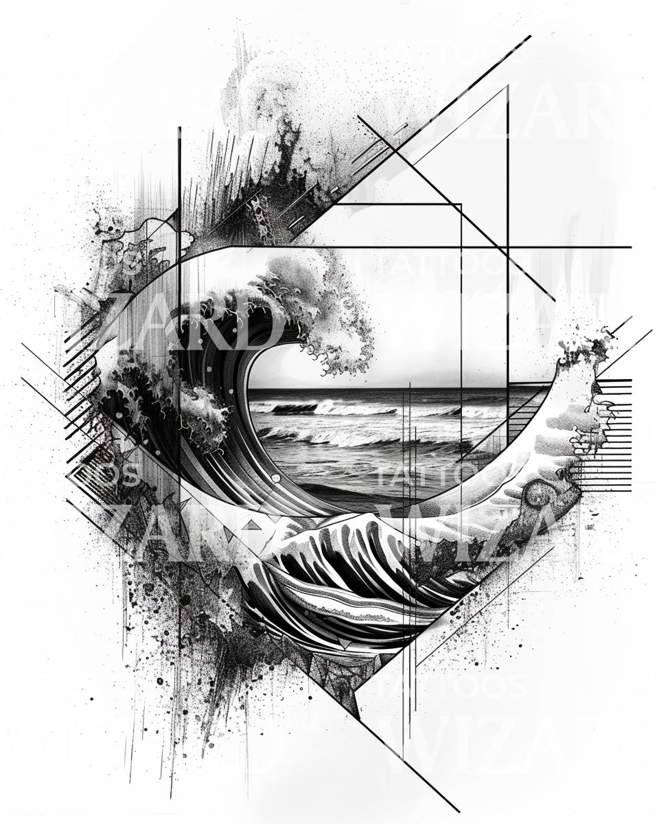 Great Wave and Geometric Shapes Tattoo Design