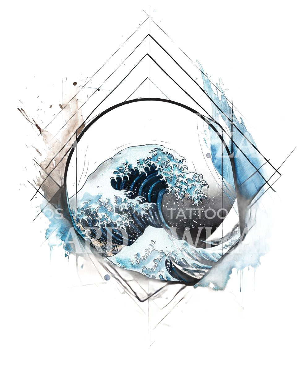 Great Wave Watercolor Splash Tattoo Design