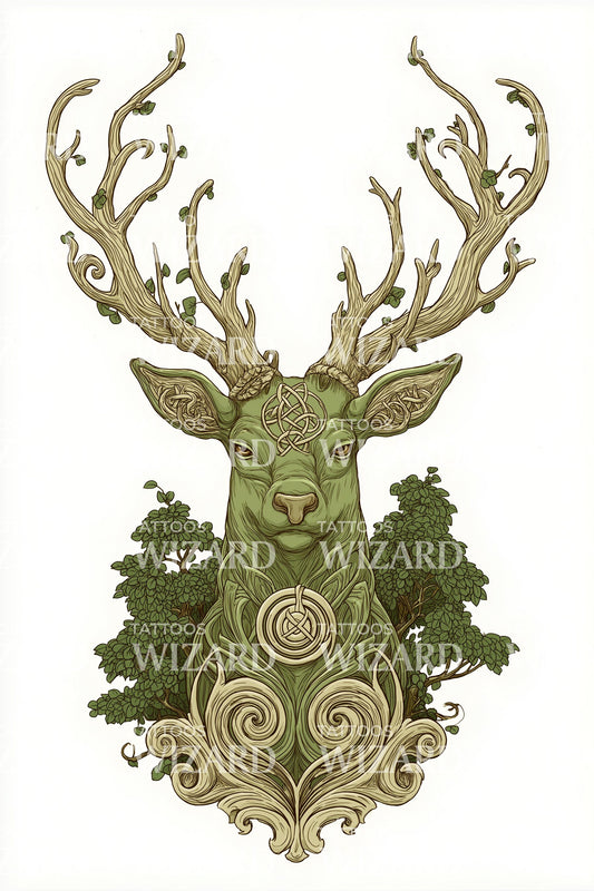 绿人鹿角纹身设计