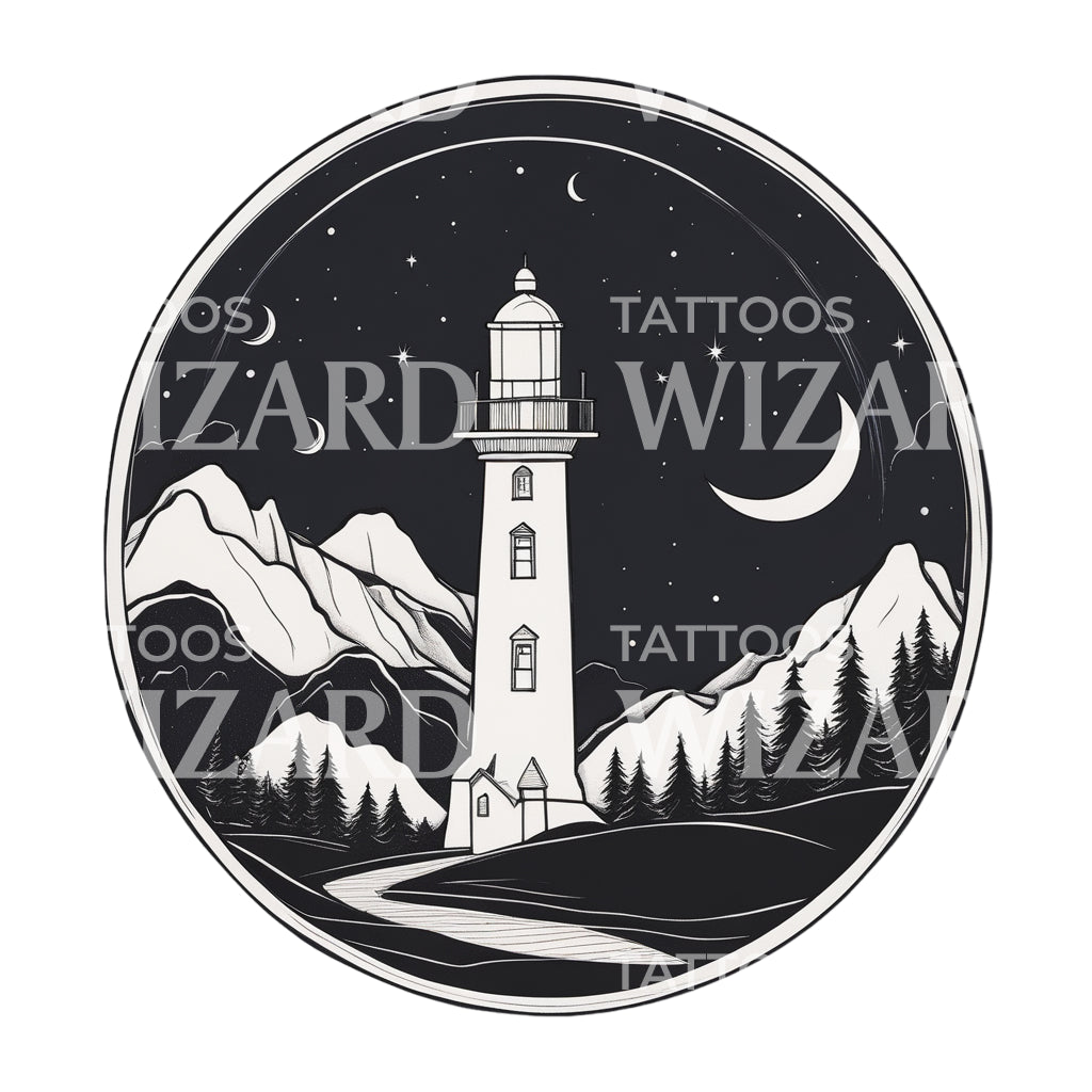 Landscape with a Lighthouse Moon Clouds and Trees Tattoo Design