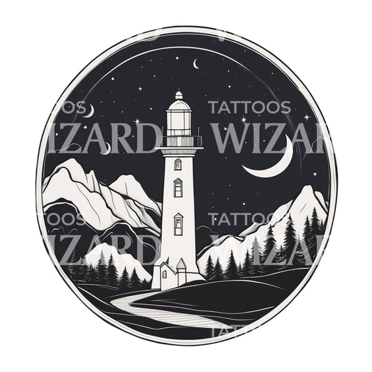Landscape with a Lighthouse Moon Clouds and Trees Tattoo Design