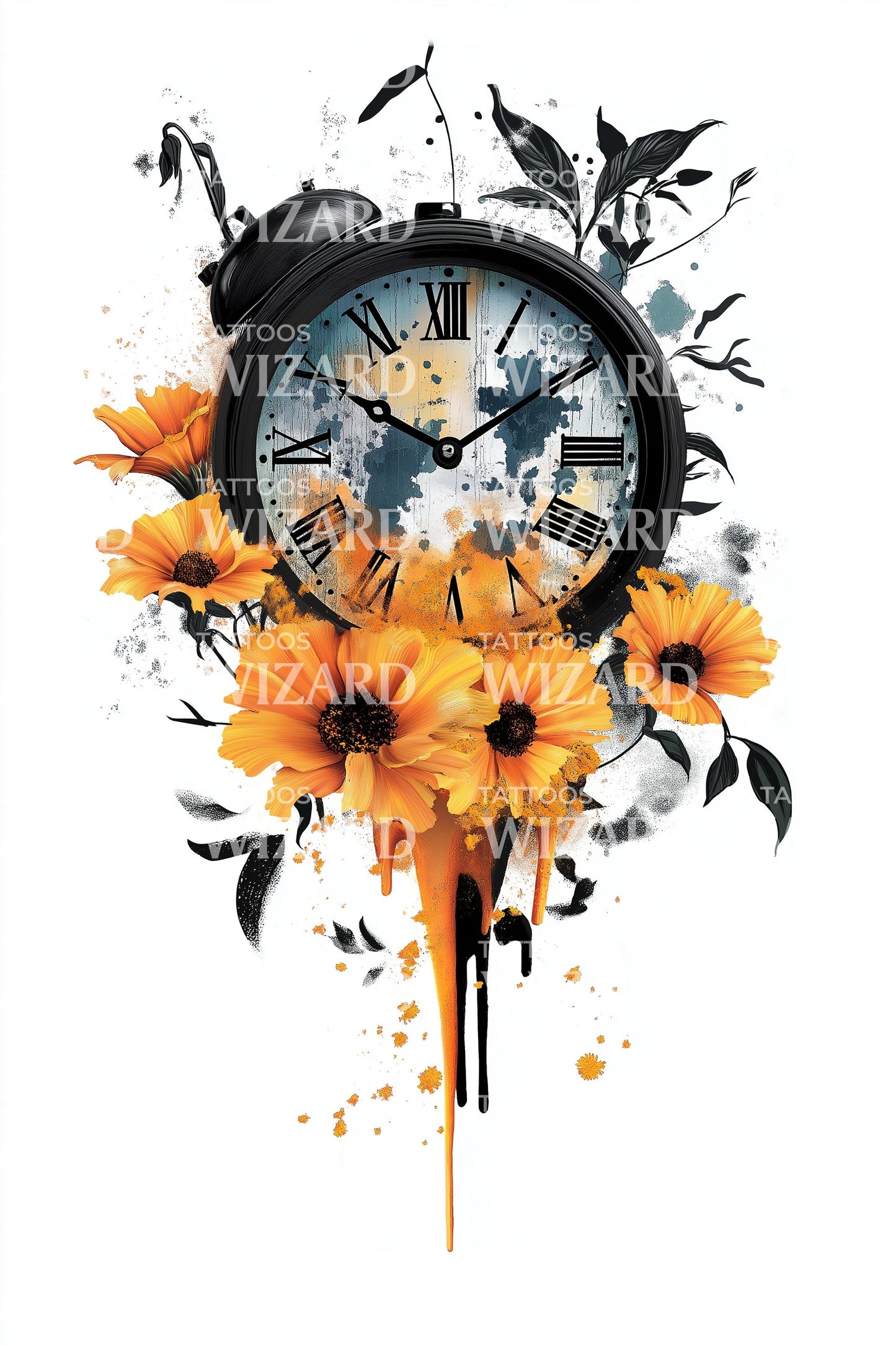 Diseño de tatuaje de reloj grunge caléndula
