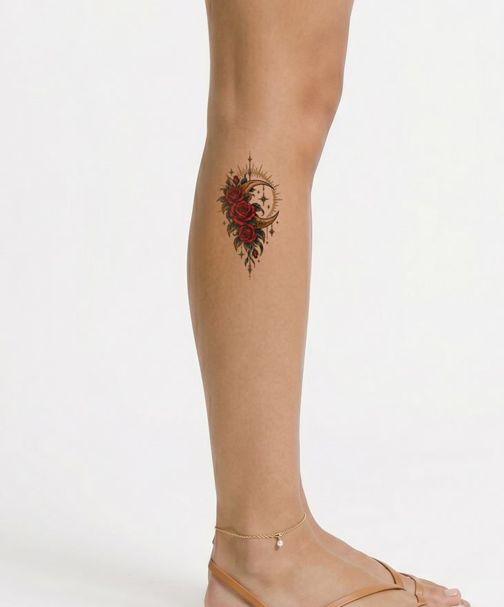 Guadalupe Roses and Crescent Moon Tattoo