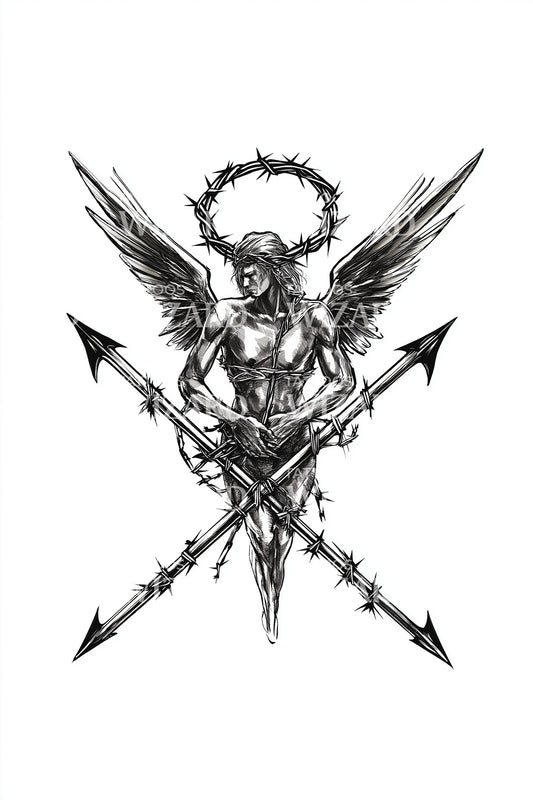 Guardian Angel Crossed Spears Tattoo Design
