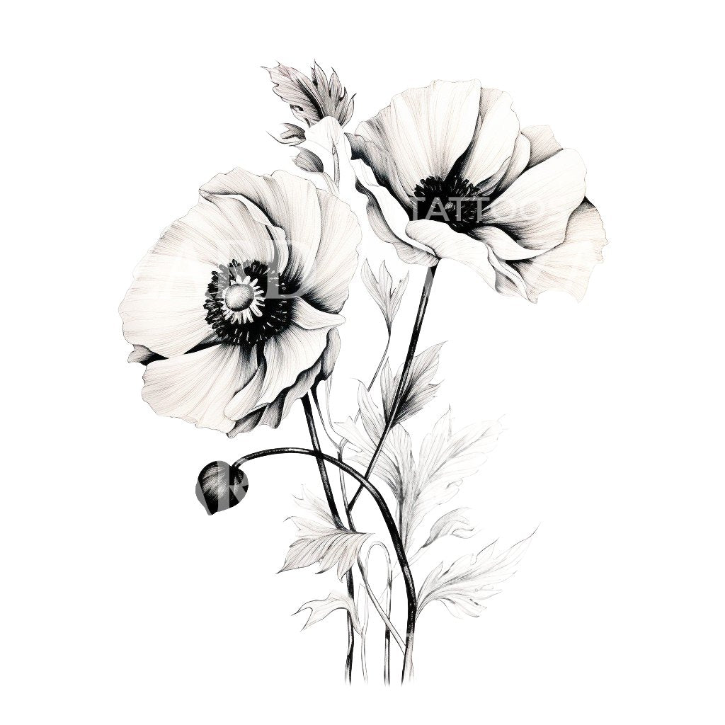 Black and Grey Poppy Flower Tattoo Design
