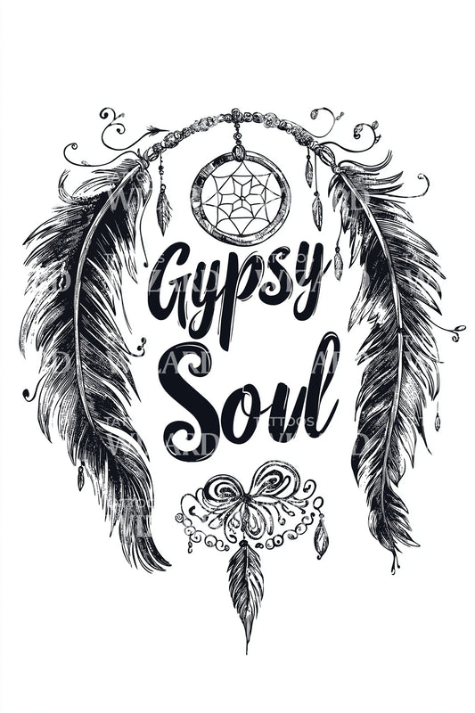 Gypsy Soul Feather Crest Tattoo Illustration