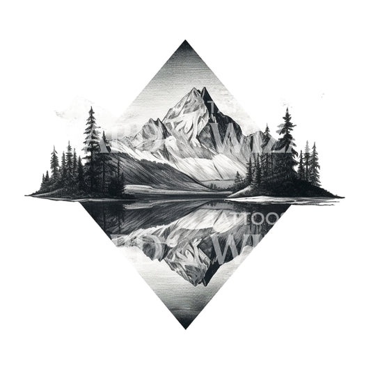 Dotwork Mountain Lake Tattoo Design