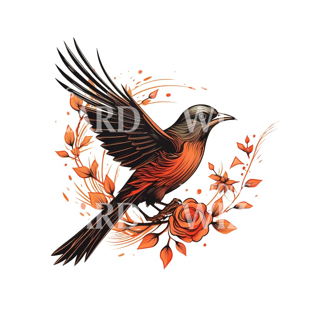 Starling Bird with Roses Old School Tattoo Design