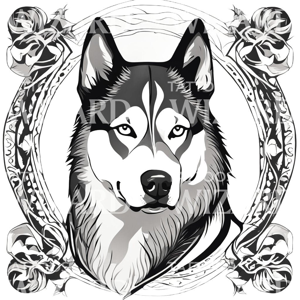 Siberian Husky Dog Head with Circle Floral Patterns Tattoo Design