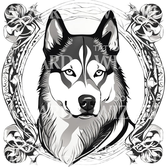 Siberian Husky Dog Head with Circle Floral Patterns Tattoo Design