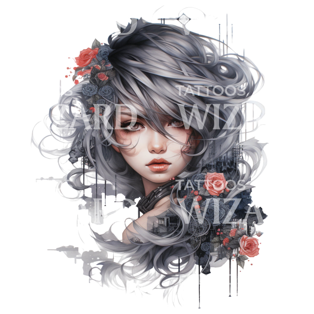 Anime Girl with Grey Hair Tattoo Design