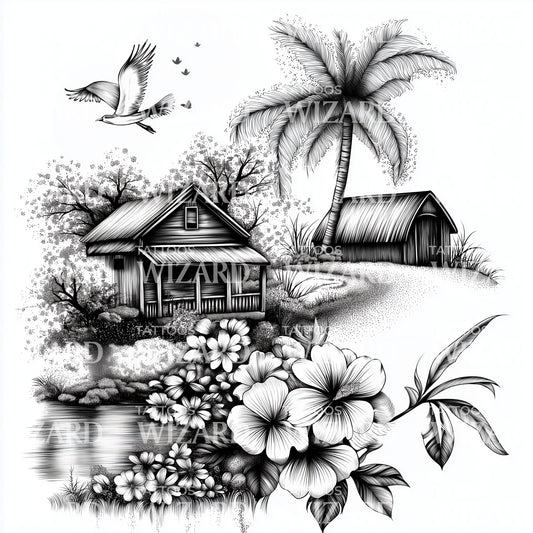 O Paraíso Havaiano Está Aqui Mesmo Desenho de Tatuagem