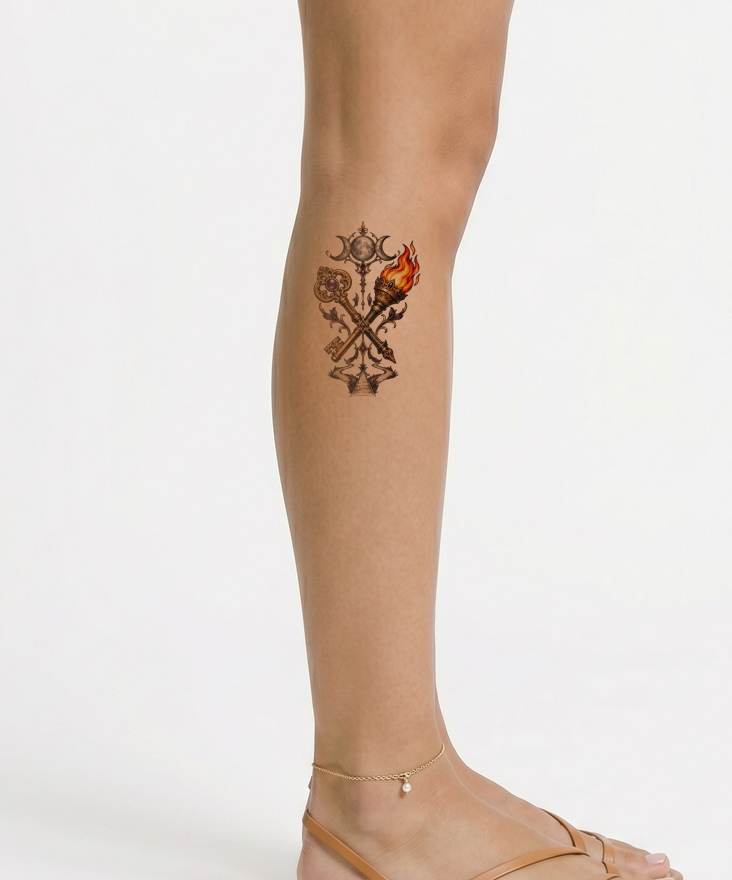Desain Tato Dewi Hekate dengan Kunci dan Obor