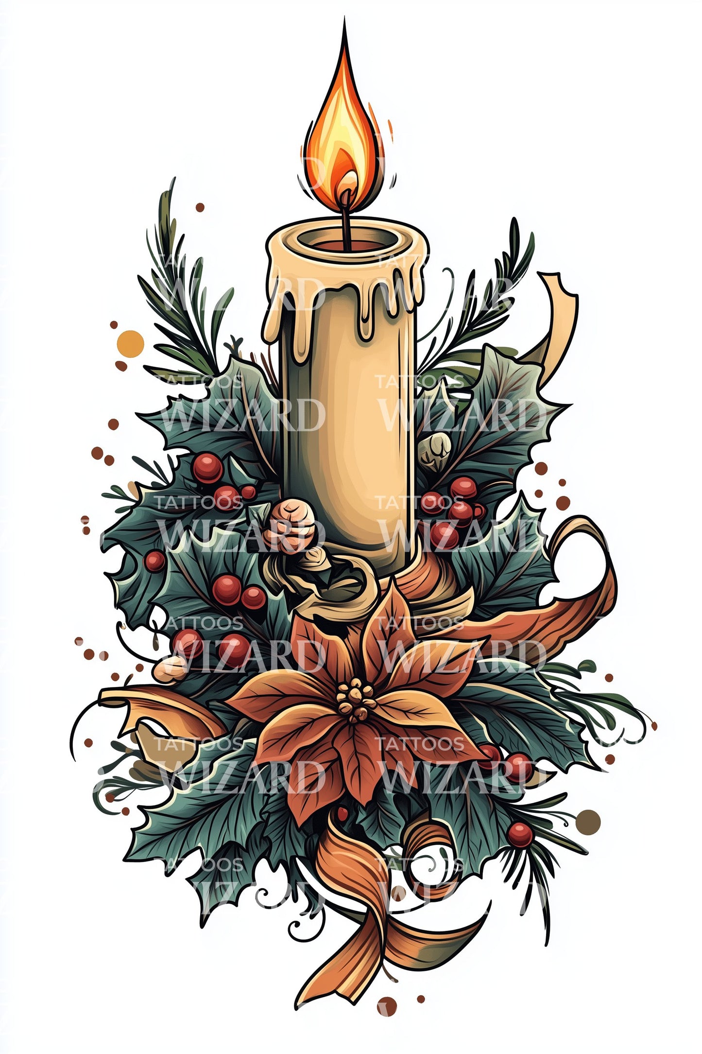 Holiday Candle Berries Tattoo Design