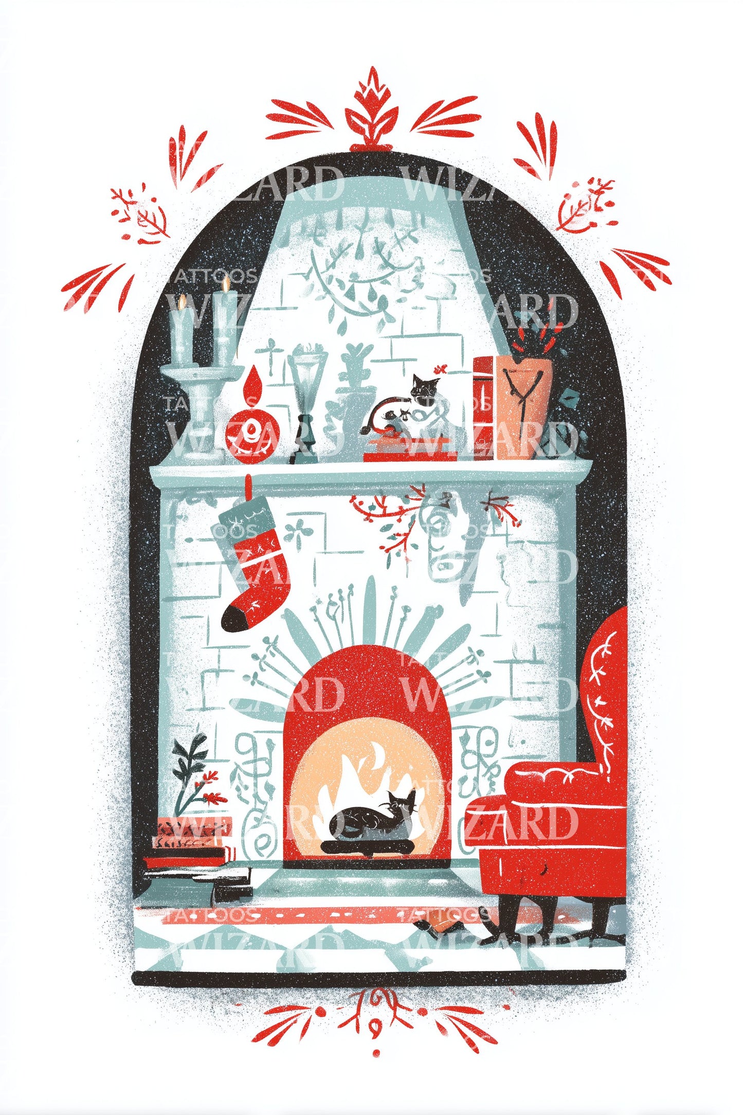Holiday Hearth with Cat Tattoo Design